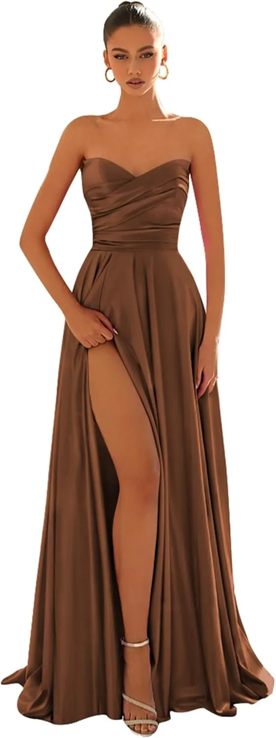 Pleated Satin Prom Dresses Long 2024 for Women Strapless Formal Evening Gown with Slit