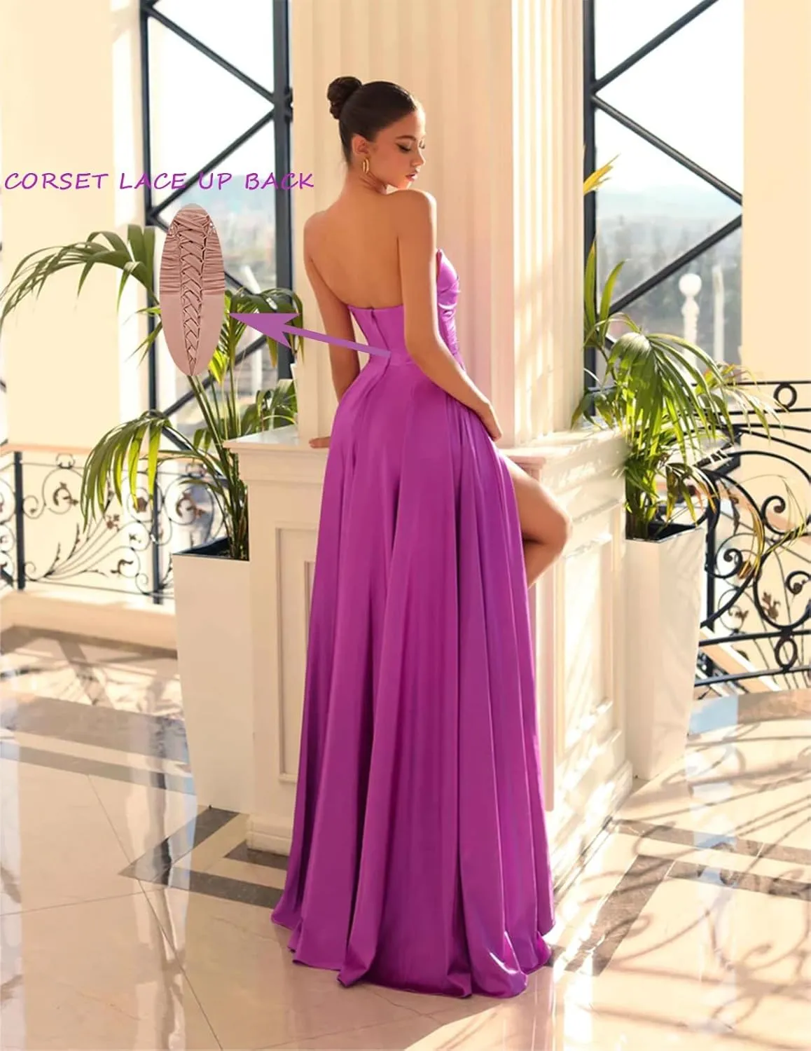 Pleated Satin Prom Dresses Long 2024 for Women Strapless Formal Evening Gown with Slit