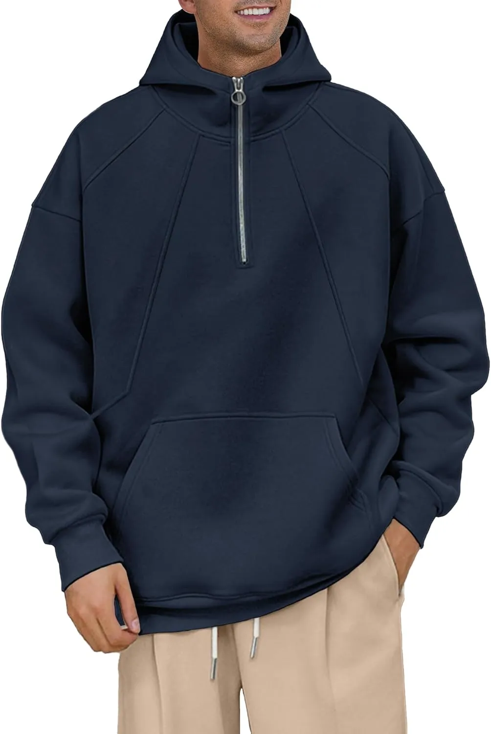 PLEPAN Quarter Zip Hoodies for Men Oversized Pullover Loose Fit Sweatshirt with Kangaroo Pocket
