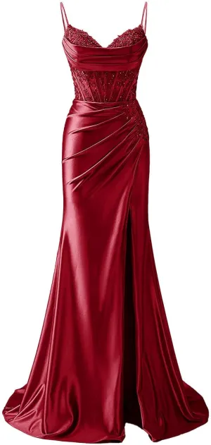 POMUYOO Mermaid Satin Prom Dresses for Women 2025 Long Lace Applique Corset Formal Evening Gown