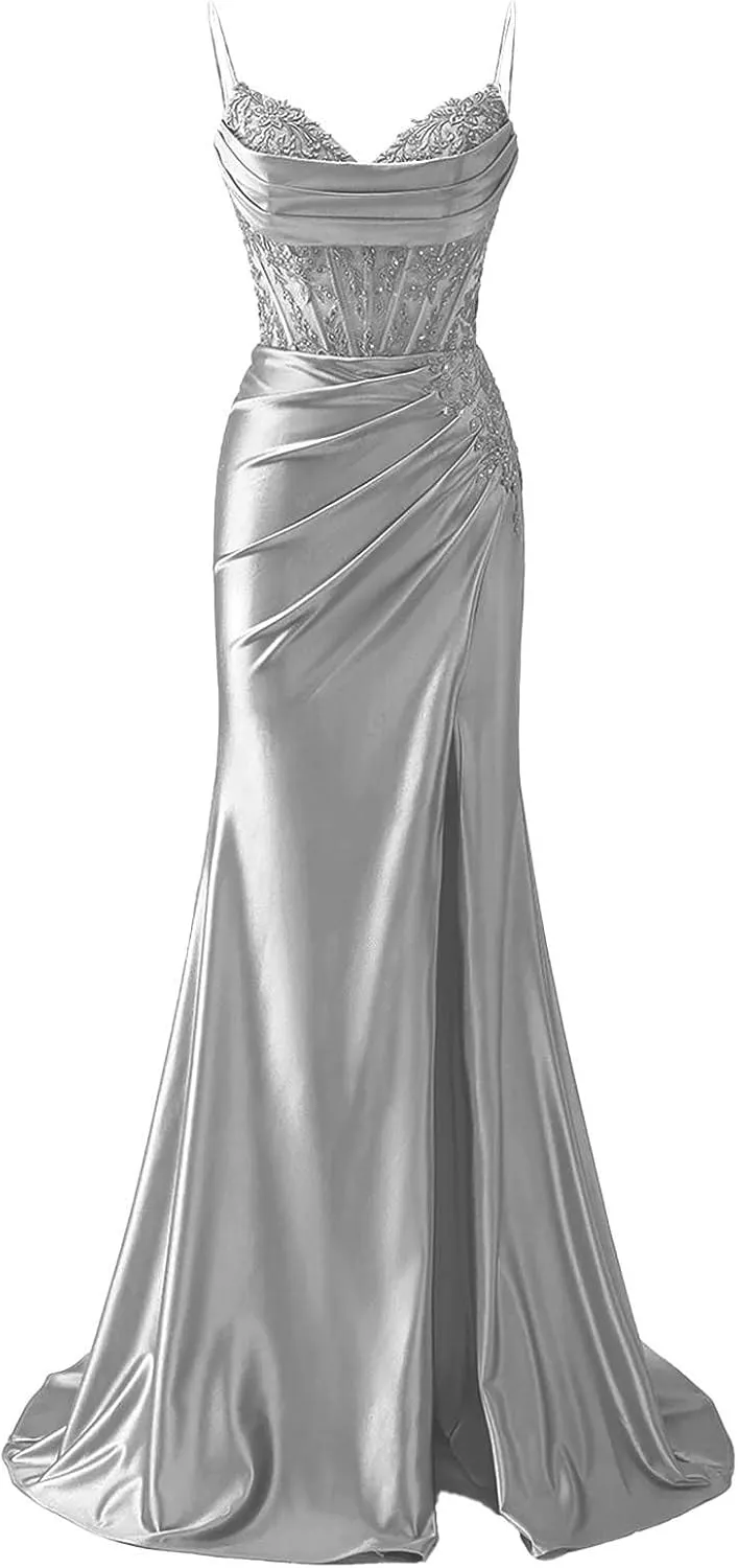 POMUYOO Mermaid Satin Prom Dresses for Women 2025 Long Lace Applique Corset Formal Evening Gown