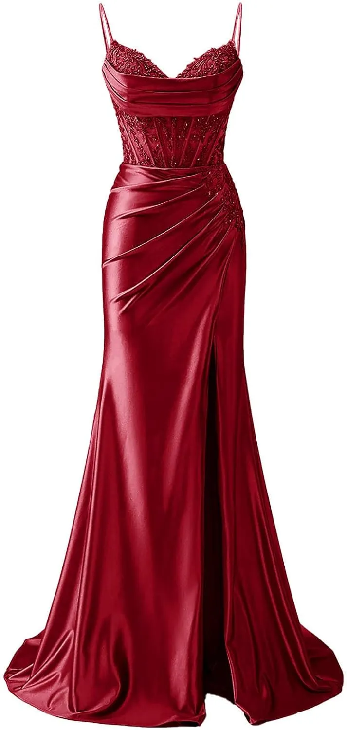 POMUYOO Mermaid Satin Prom Dresses for Women 2025 Long Lace Applique Corset Formal Evening Gown