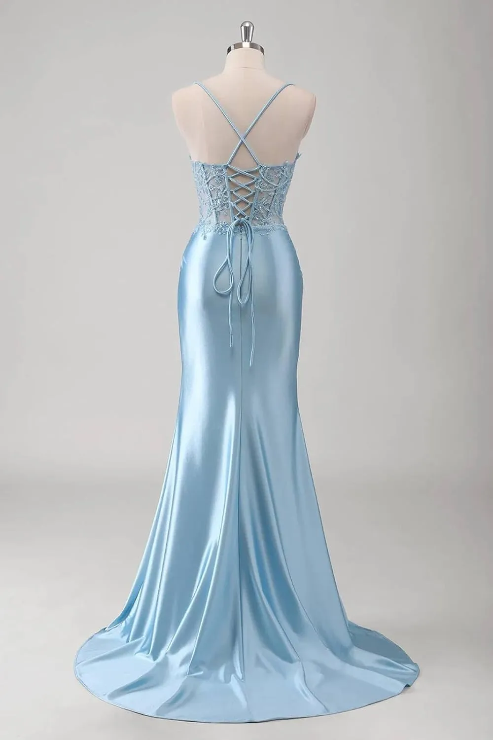 POMUYOO Mermaid Satin Prom Dresses for Women 2025 Long Lace Applique Corset Formal Evening Gown