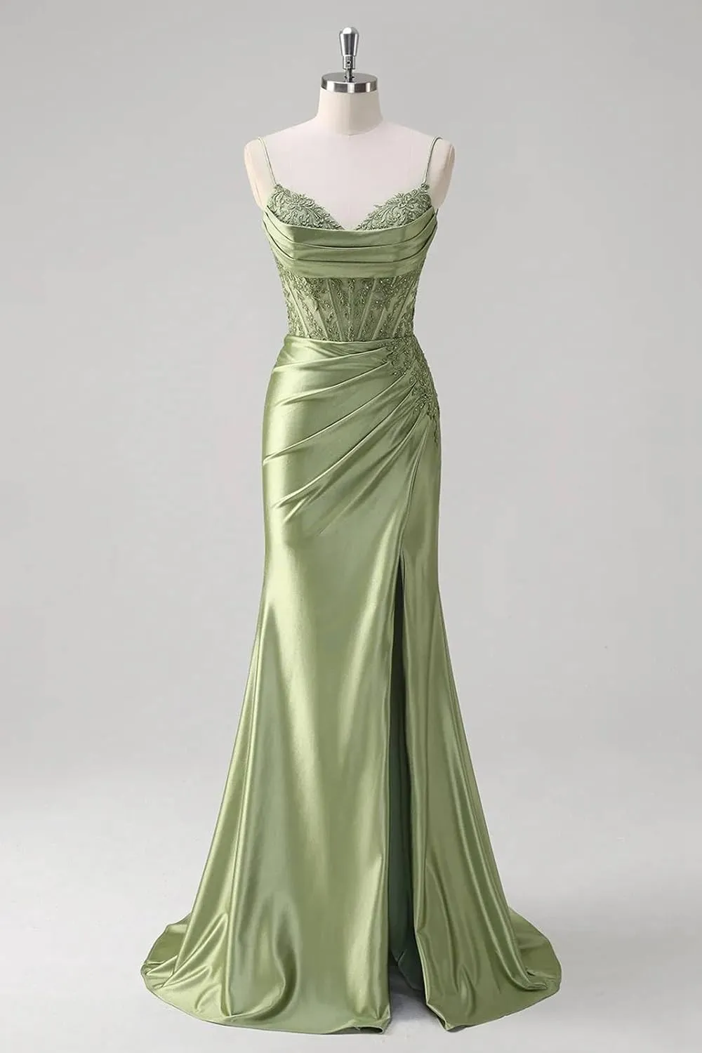 POMUYOO Mermaid Satin Prom Dresses for Women 2025 Long Lace Applique Corset Formal Evening Gown