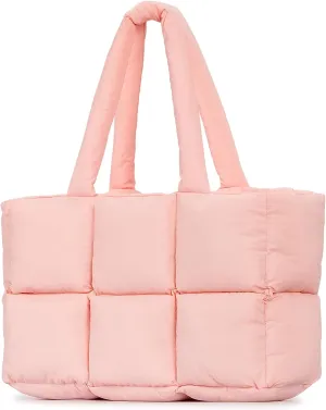 Puffer Tote Bag for Women, Large Quilted Puffy Handbag Lightweight Winter Down Padding Lattice Satchel Purse