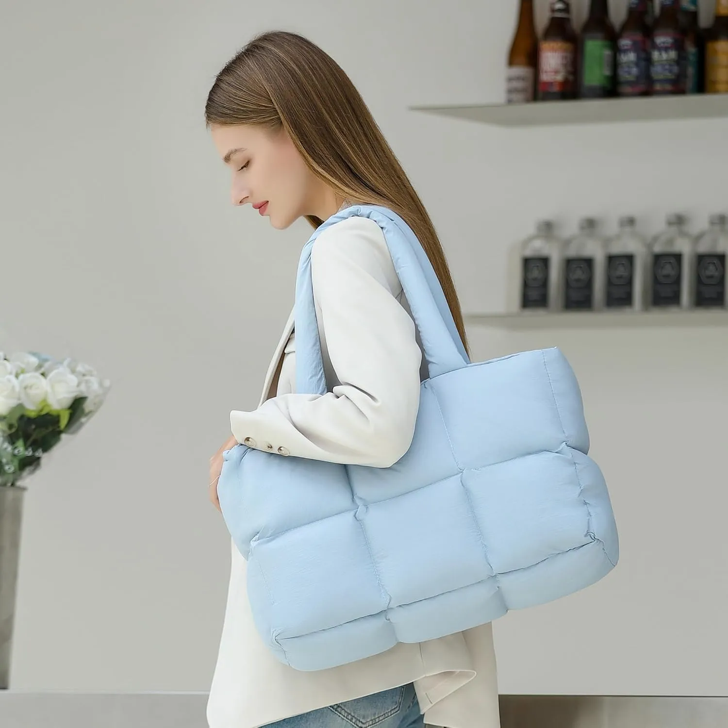Puffer Tote Bag for Women, Large Quilted Puffy Handbag Lightweight Winter Down Padding Lattice Satchel Purse