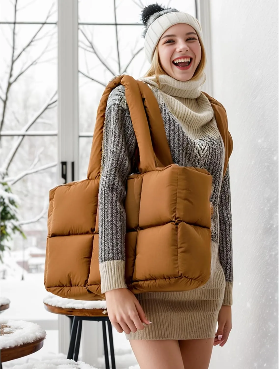 Puffer Tote Bag for Women, Large Quilted Puffy Handbag Lightweight Winter Down Padding Lattice Satchel Purse
