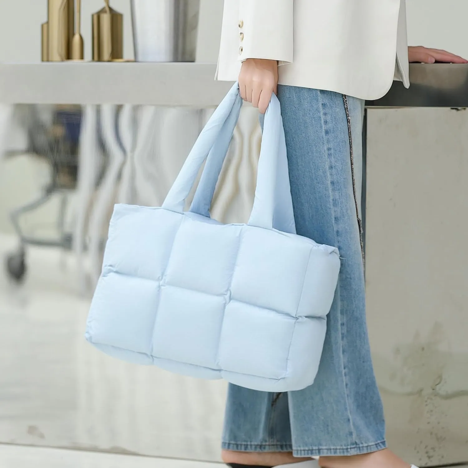 Puffer Tote Bag for Women, Large Quilted Puffy Handbag Lightweight Winter Down Padding Lattice Satchel Purse