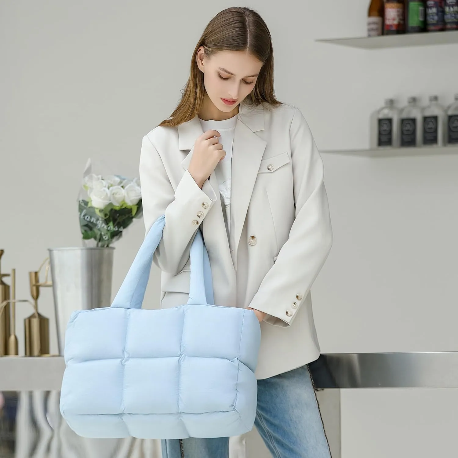 Puffer Tote Bag for Women, Large Quilted Puffy Handbag Lightweight Winter Down Padding Lattice Satchel Purse