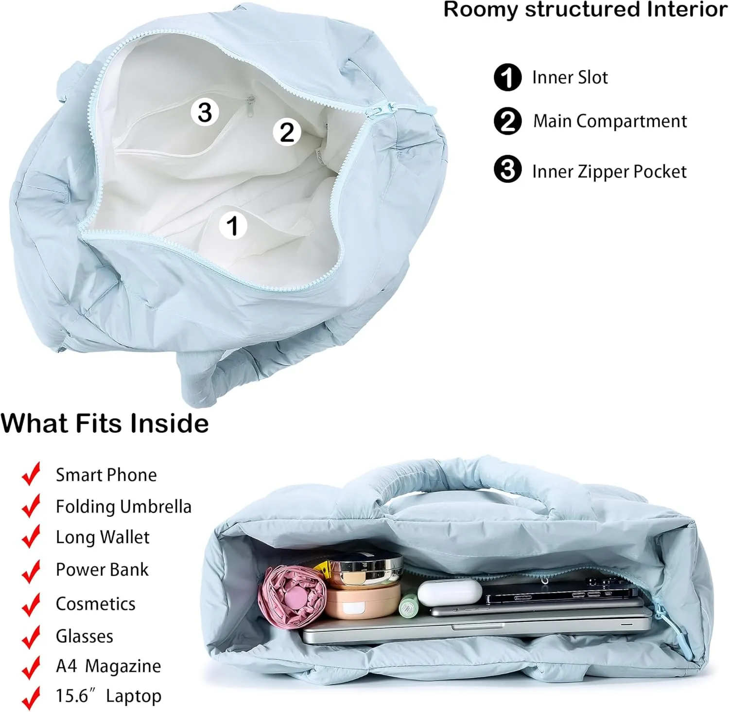 Puffer Tote Bag for Women, Large Quilted Puffy Handbag Lightweight Winter Down Padding Lattice Satchel Purse