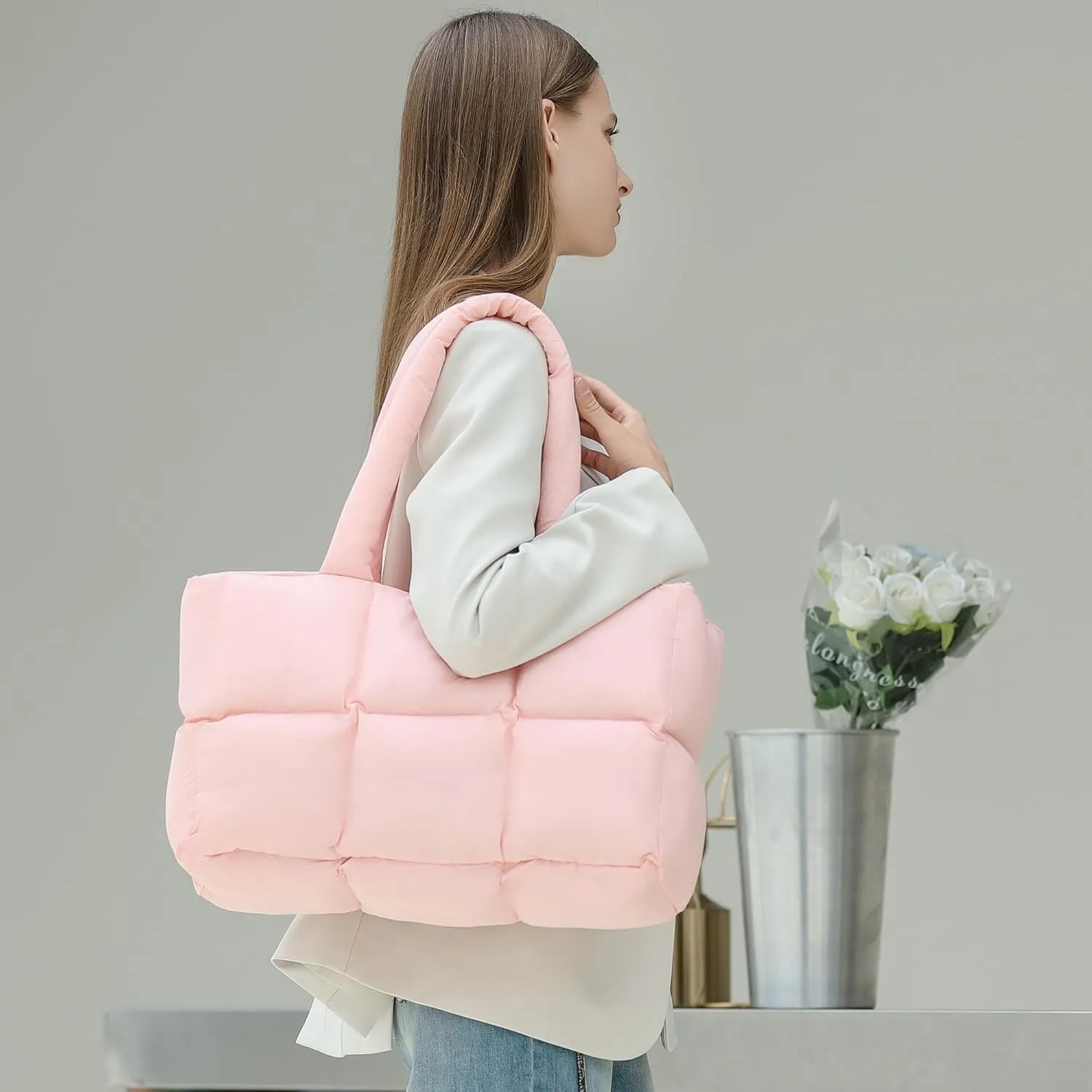 Puffer Tote Bag for Women, Large Quilted Puffy Handbag Lightweight Winter Down Padding Lattice Satchel Purse