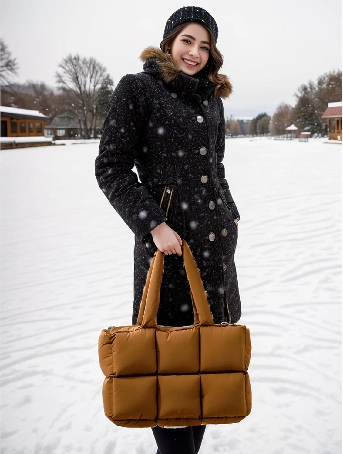 Puffer Tote Bag for Women, Large Quilted Puffy Handbag Lightweight Winter Down Padding Lattice Satchel Purse
