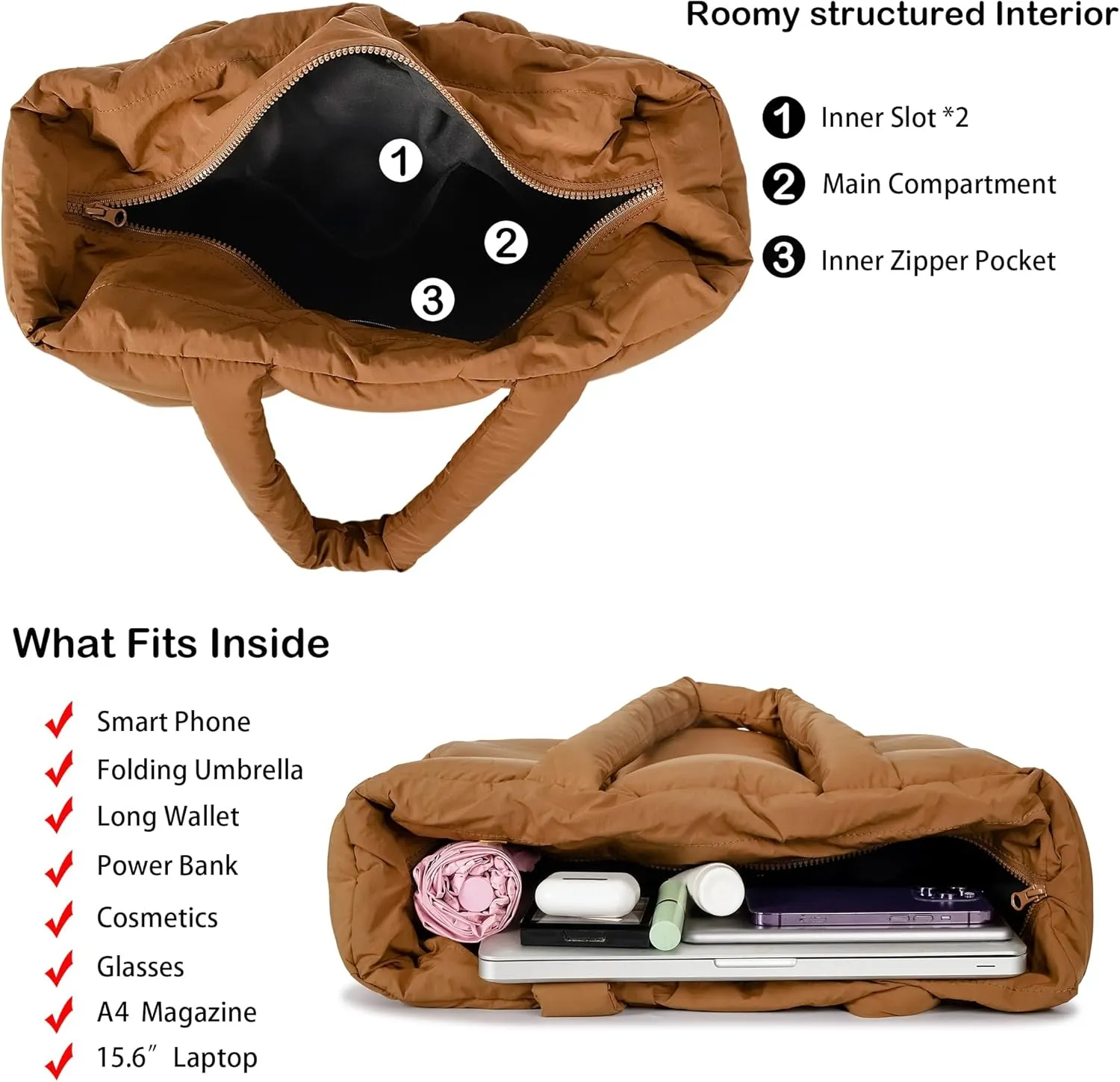 Puffer Tote Bag for Women, Large Quilted Puffy Handbag Lightweight Winter Down Padding Lattice Satchel Purse