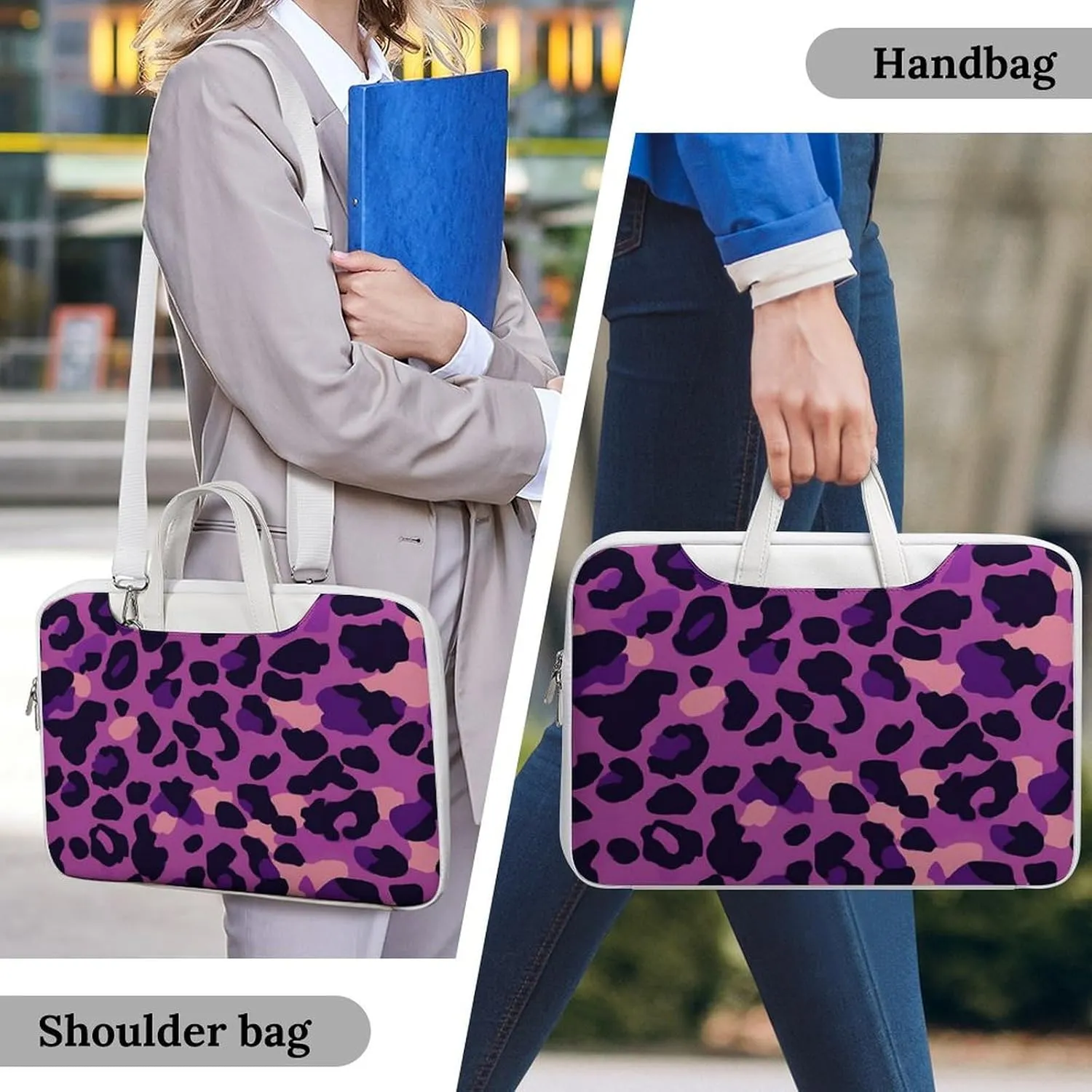 Purplepink Leopard Print Leather Bag Laptop Case Slim Water Resistant Computer Bags with Handle Briefcase for Work