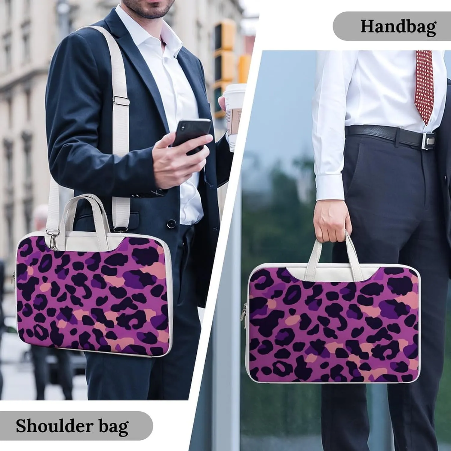 Purplepink Leopard Print Leather Bag Laptop Case Slim Water Resistant Computer Bags with Handle Briefcase for Work