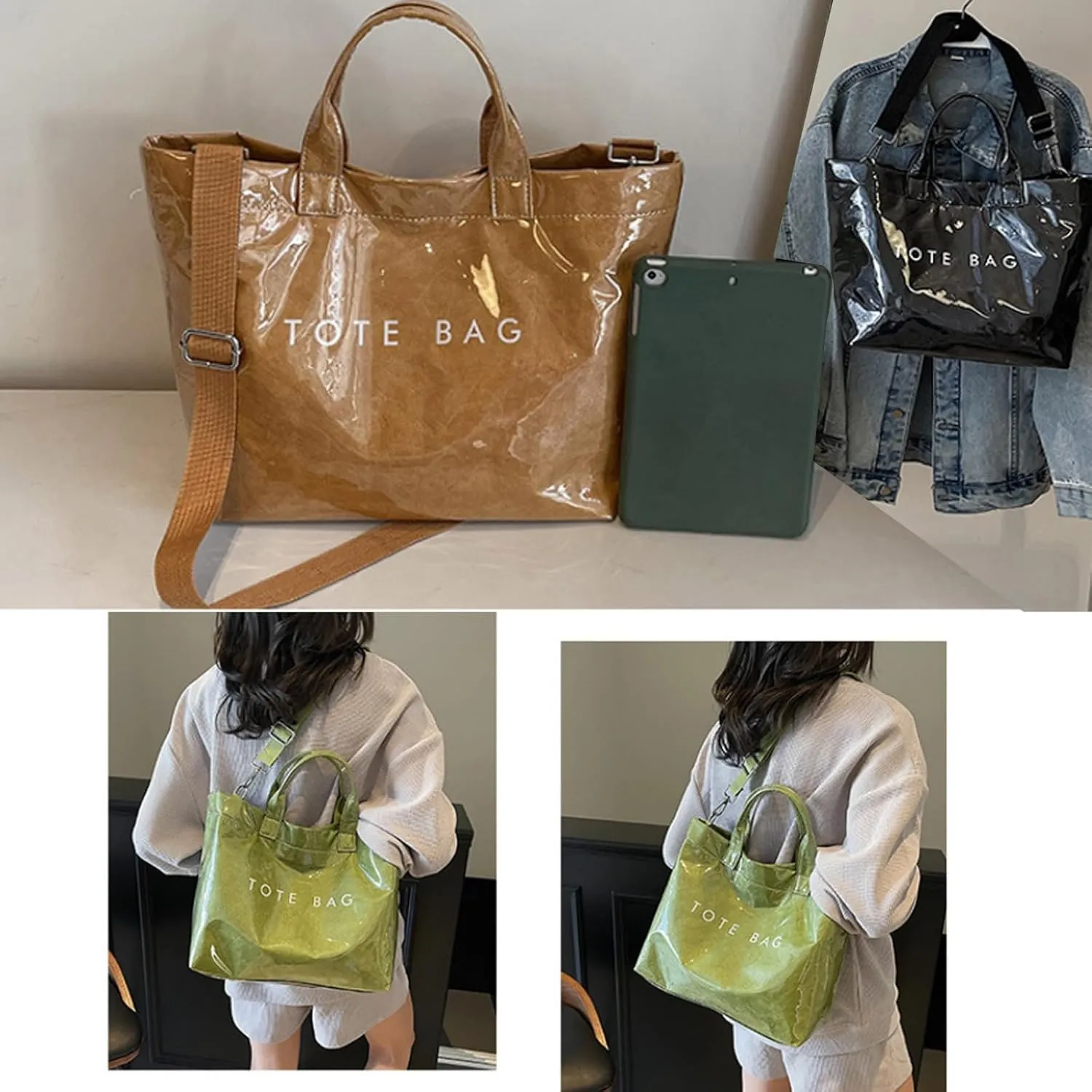 Pvc Tote Bag, Womens Letters Print Tote Bag Large, Work Plastic Letter Print Totes Bags with Shoulder Strap