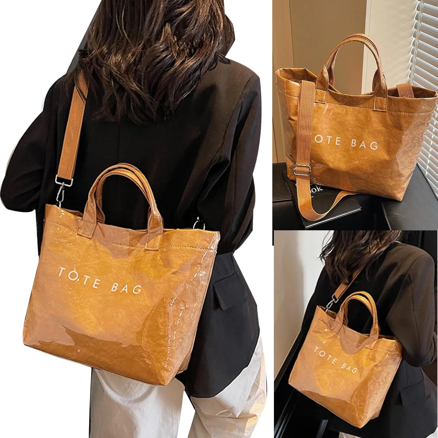 Pvc Tote Bag, Womens Letters Print Tote Bag Large, Work Plastic Letter Print Totes Bags with Shoulder Strap