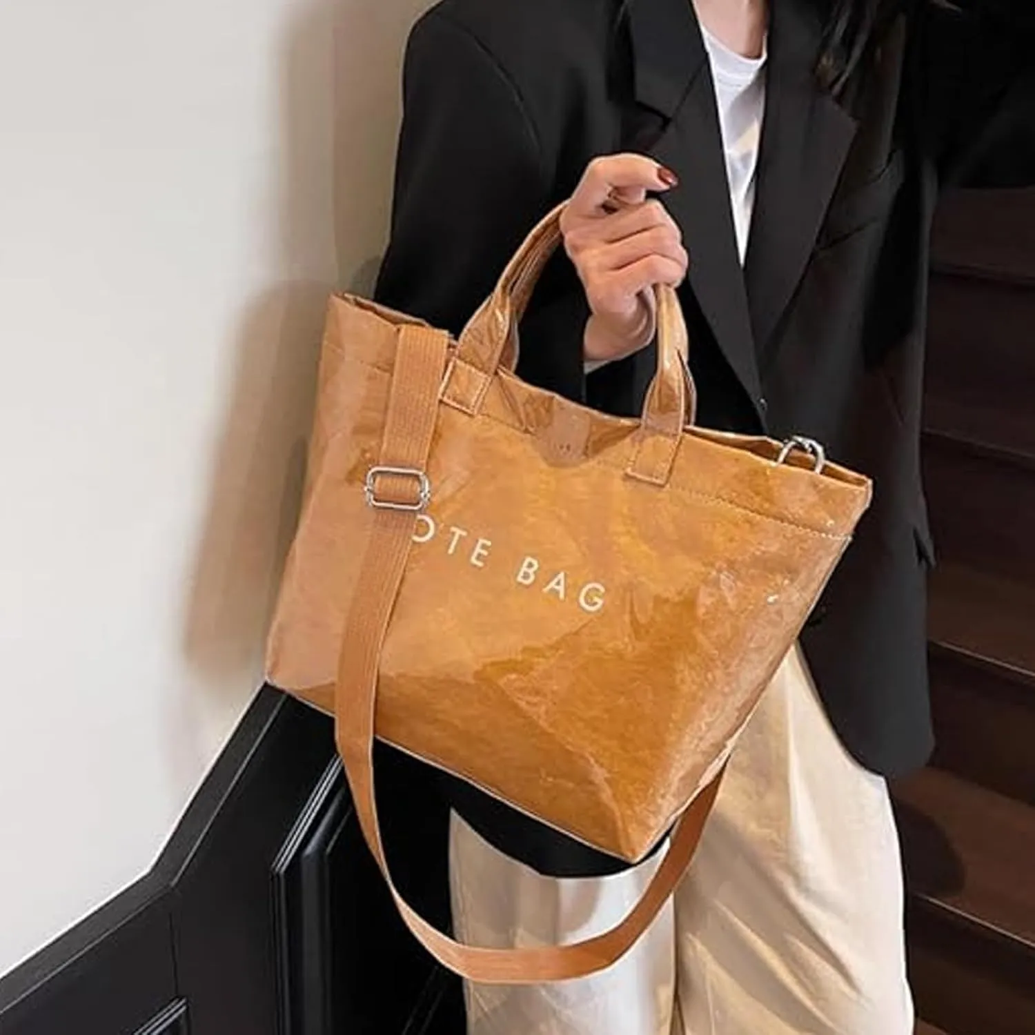 Pvc Tote Bag, Womens Letters Print Tote Bag Large, Work Plastic Letter Print Totes Bags with Shoulder Strap