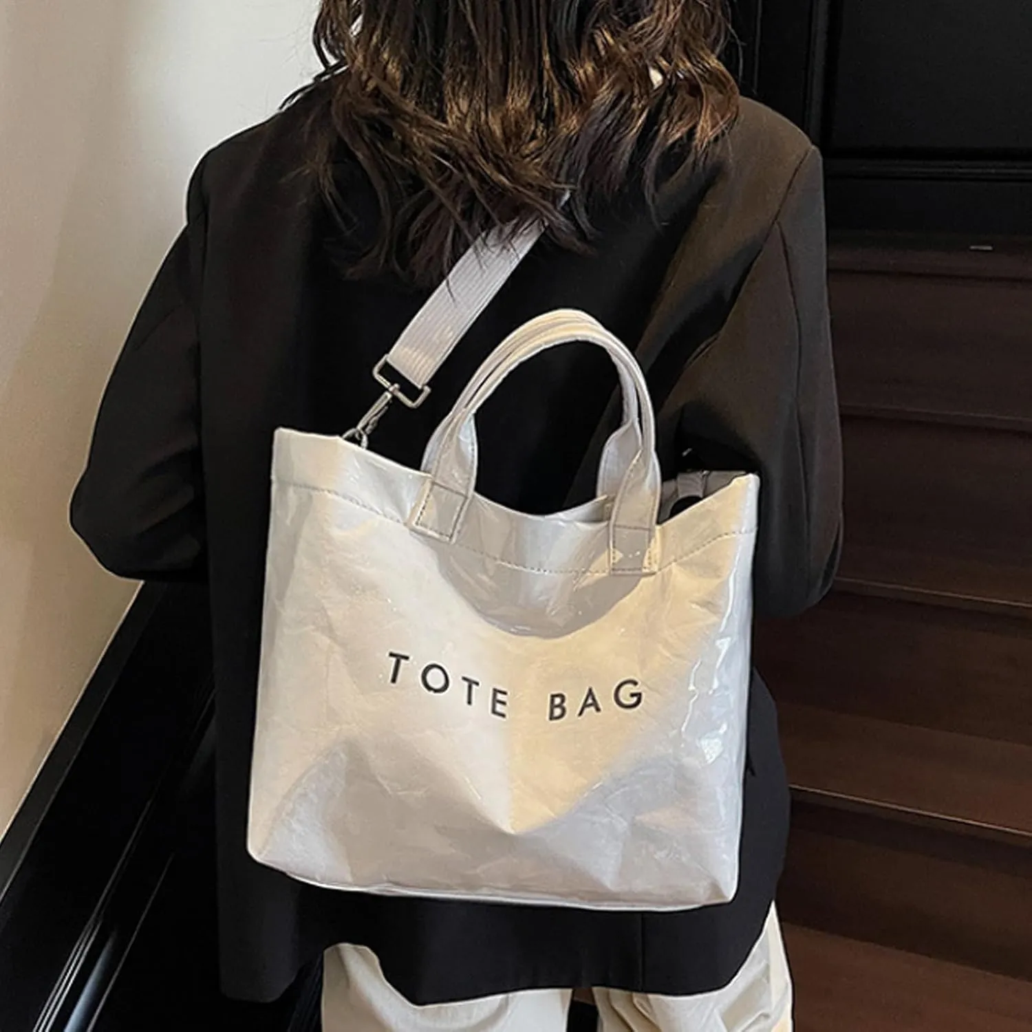 Pvc Tote Bag, Womens Letters Print Tote Bag Large, Work Plastic Letter Print Totes Bags with Shoulder Strap