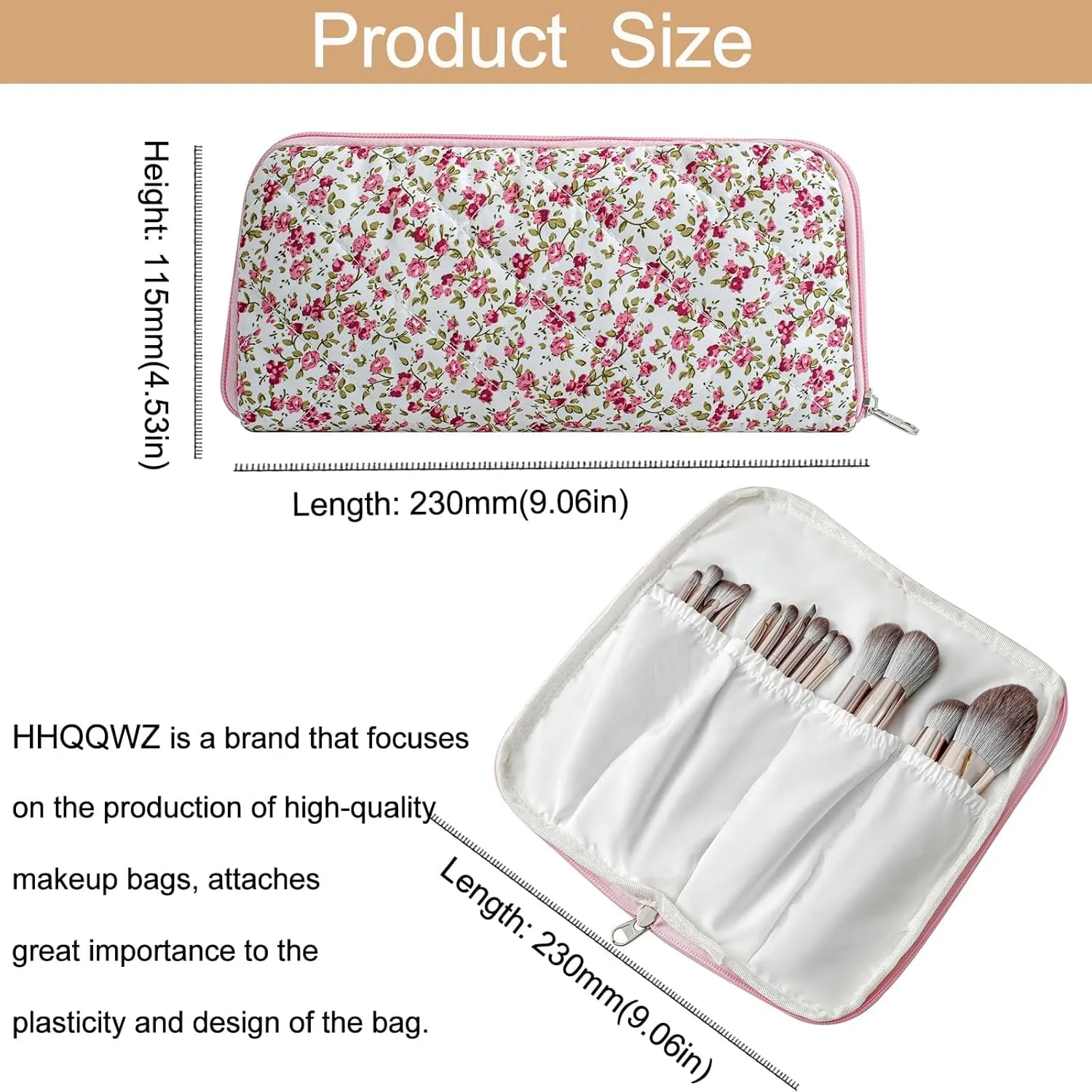 Quilted Makeup Brush Bag Travel Cosmetic Bag for Women, Floral Coquette Cotton Makeup Brush Case Toiletry Zipper Make Up Pouch, Travel Storage Organizer Pouch (Red Floral)