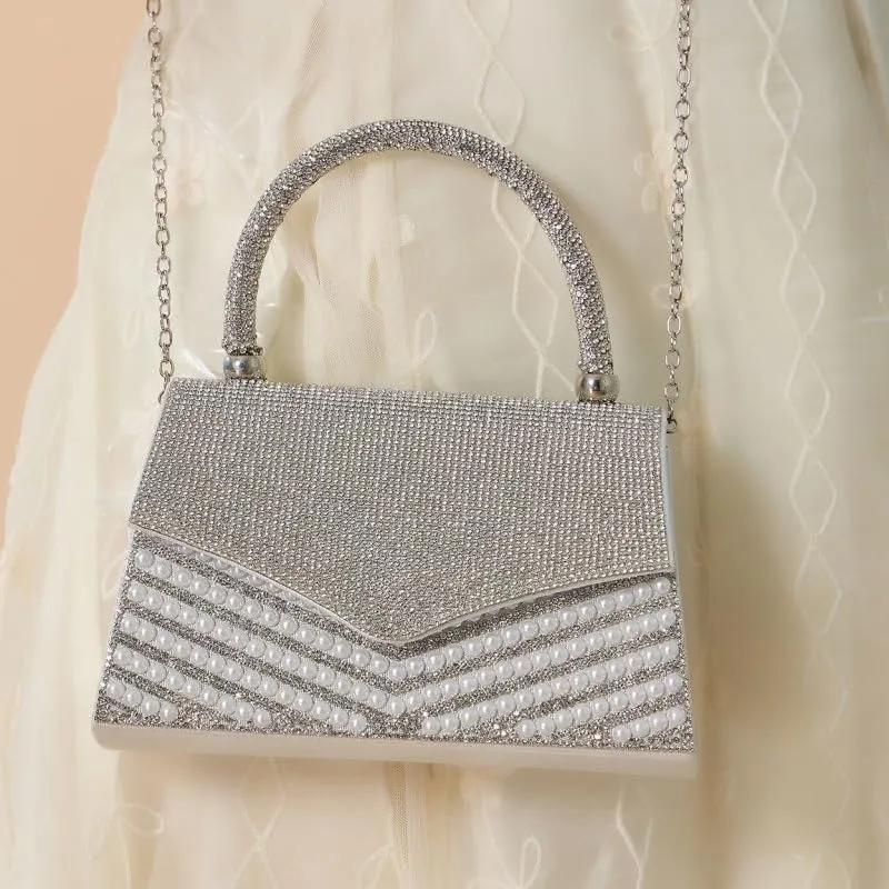 Rhinestone Pearl Clutch Purse for Women Sparkle Purse Top Handle Evening Clutch Bag Crystal Wedding Bridal Clutch (Gold)