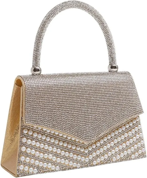 Rhinestone Pearl Clutch Purse for Women Sparkle Purse Top Handle Evening Clutch Bag Crystal Wedding Bridal Clutch (Gold)