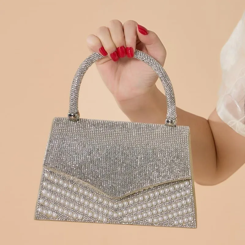 Rhinestone Pearl Clutch Purse for Women Sparkle Purse Top Handle Evening Clutch Bag Crystal Wedding Bridal Clutch (Gold)
