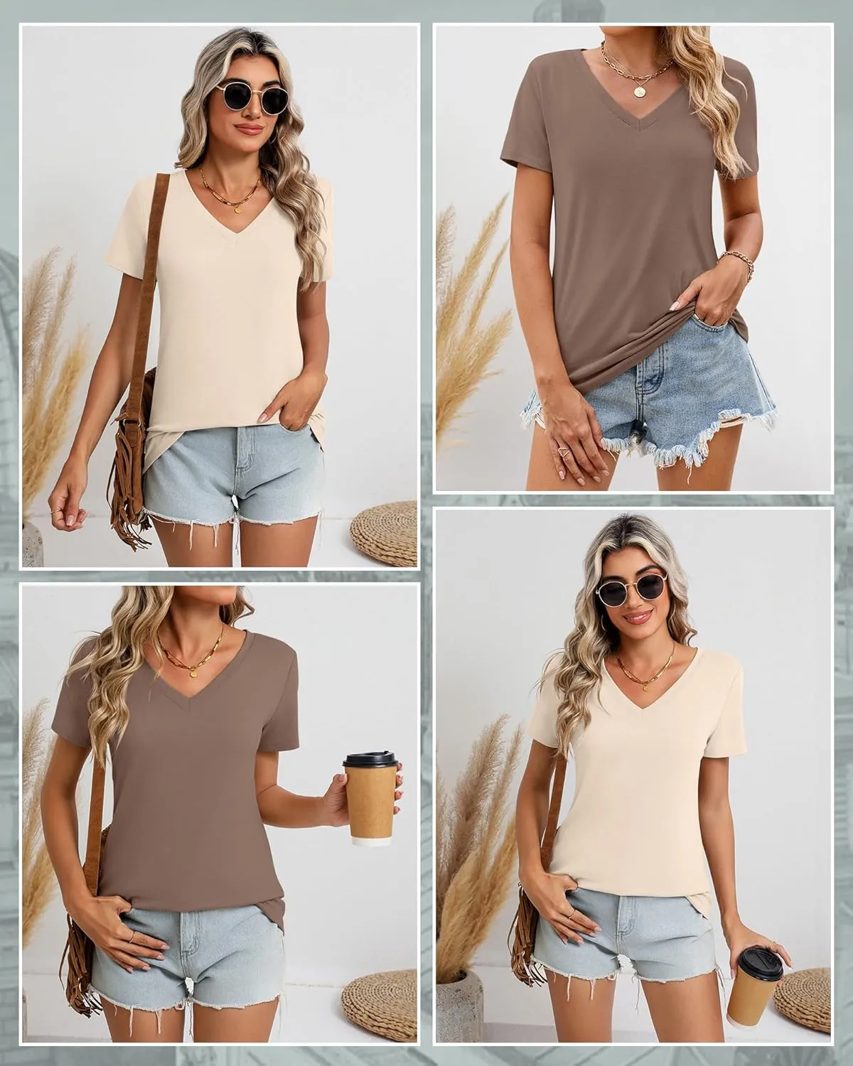 Riyiper 3 Pack Women's T-Shirts V Neck Summer Trendy Short Sleeve Casual Tops Spring Loose Fit Basic Straight Hem Tees