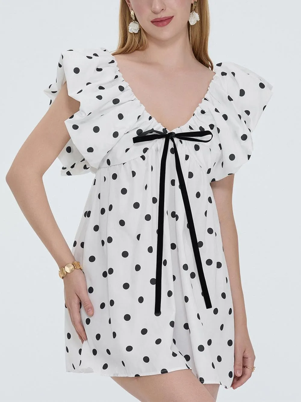 Sastianaen Women Y2k Floral Print Mini Dress Boho V Neck Puff Sleeve Short Dress Bow Tie Flowy Dress Beach Sundress