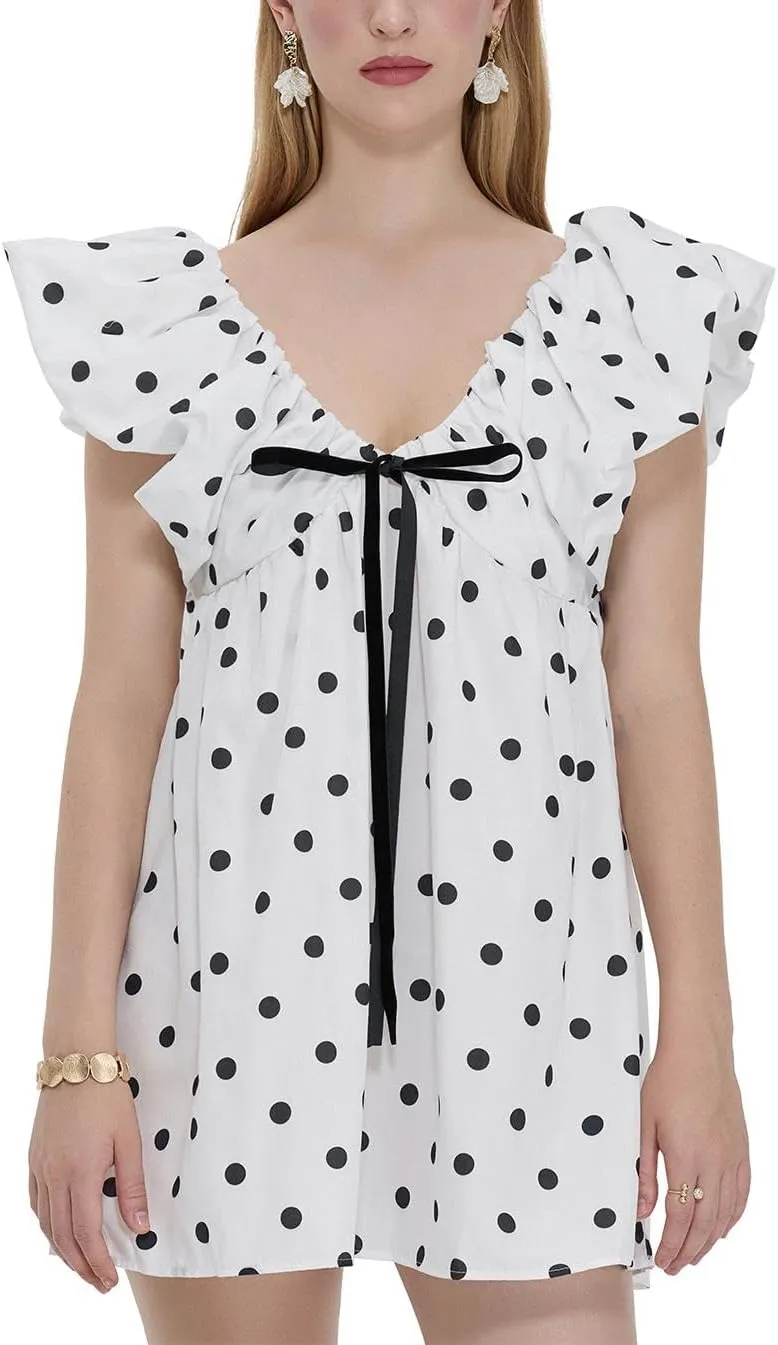 Sastianaen Women Y2k Floral Print Mini Dress Boho V Neck Puff Sleeve Short Dress Bow Tie Flowy Dress Beach Sundress