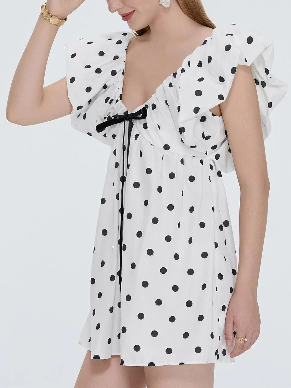 Sastianaen Women Y2k Floral Print Mini Dress Boho V Neck Puff Sleeve Short Dress Bow Tie Flowy Dress Beach Sundress
