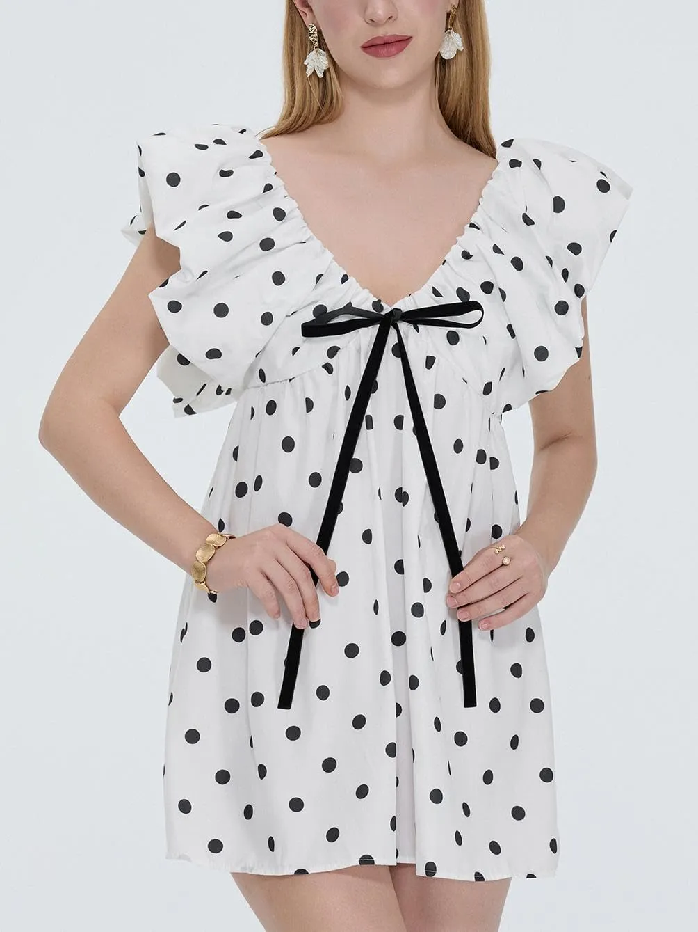 Sastianaen Women Y2k Floral Print Mini Dress Boho V Neck Puff Sleeve Short Dress Bow Tie Flowy Dress Beach Sundress