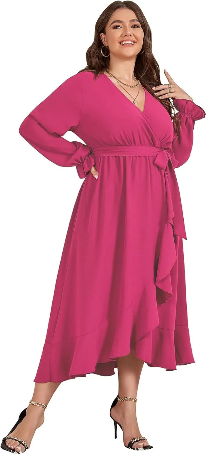 SCOMCHIC Women Plus Size Wedding Guest Maxi Dress Long Sleeve Faux Wrap V Neck High Low Ruffle Cocktail Dress with Belt