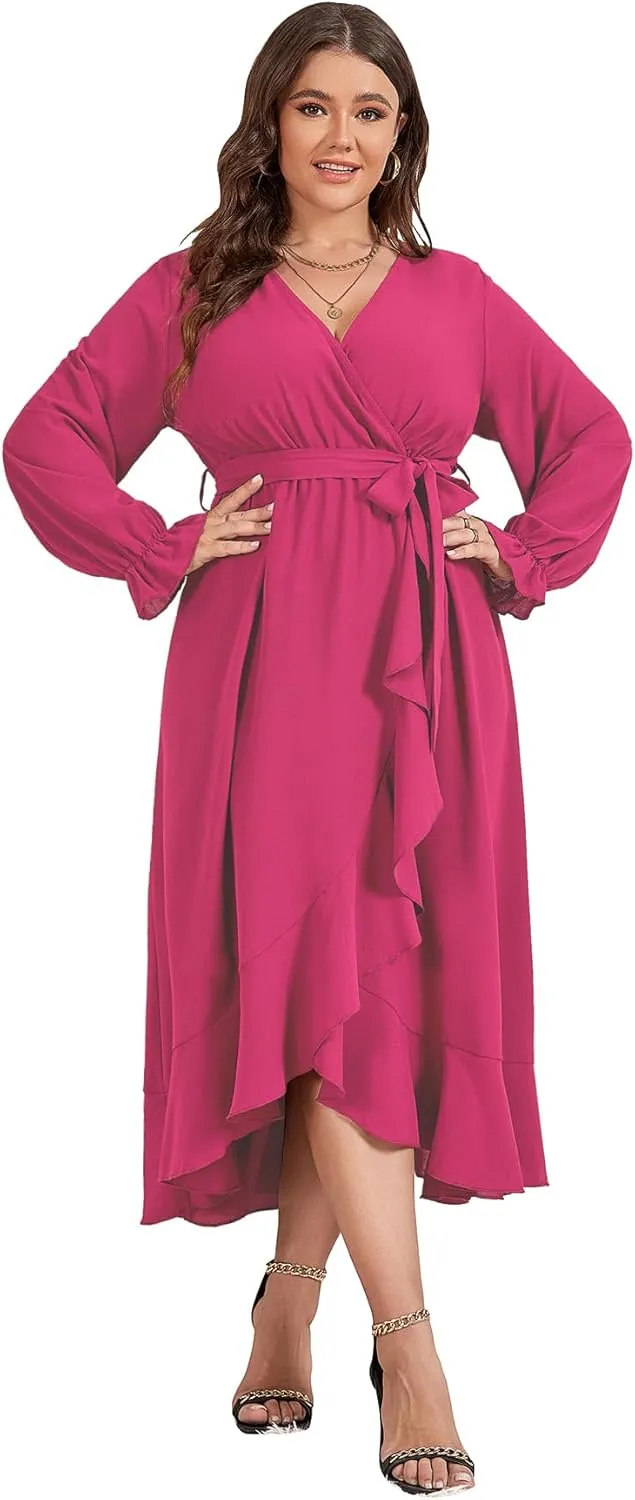 SCOMCHIC Women Plus Size Wedding Guest Maxi Dress Long Sleeve Faux Wrap V Neck High Low Ruffle Cocktail Dress with Belt