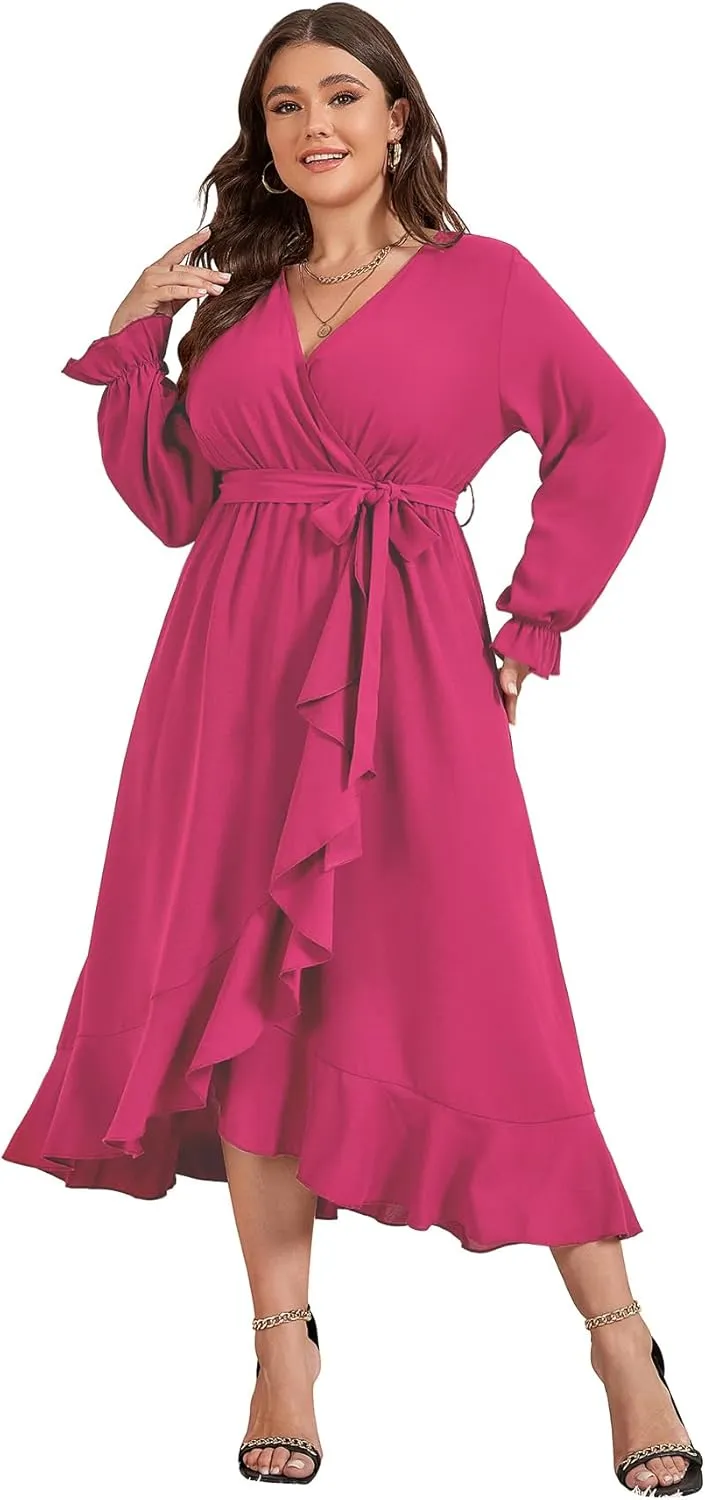 SCOMCHIC Women Plus Size Wedding Guest Maxi Dress Long Sleeve Faux Wrap V Neck High Low Ruffle Cocktail Dress with Belt