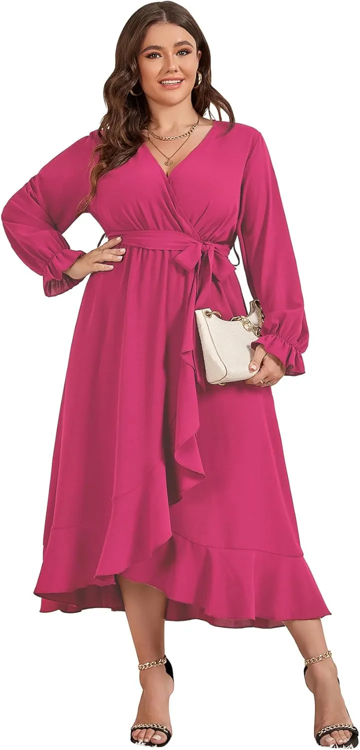 SCOMCHIC Women Plus Size Wedding Guest Maxi Dress Long Sleeve Faux Wrap V Neck High Low Ruffle Cocktail Dress with Belt
