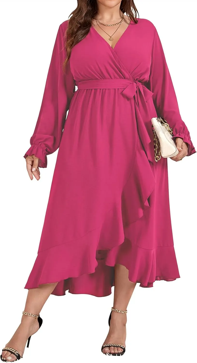 SCOMCHIC Women Plus Size Wedding Guest Maxi Dress Long Sleeve Faux Wrap V Neck High Low Ruffle Cocktail Dress with Belt