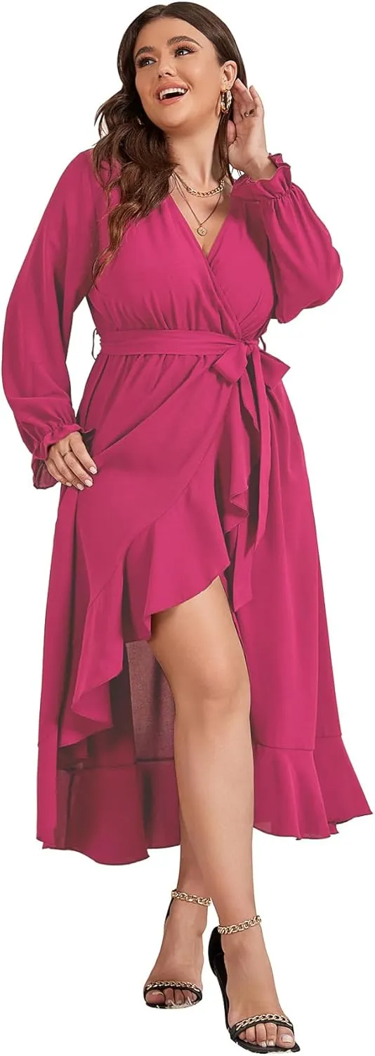 SCOMCHIC Women Plus Size Wedding Guest Maxi Dress Long Sleeve Faux Wrap V Neck High Low Ruffle Cocktail Dress with Belt