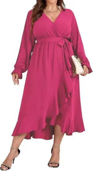 SCOMCHIC Women Plus Size Wedding Guest Maxi Dress Long Sleeve Faux Wrap V Neck High Low Ruffle Cocktail Dress with Belt