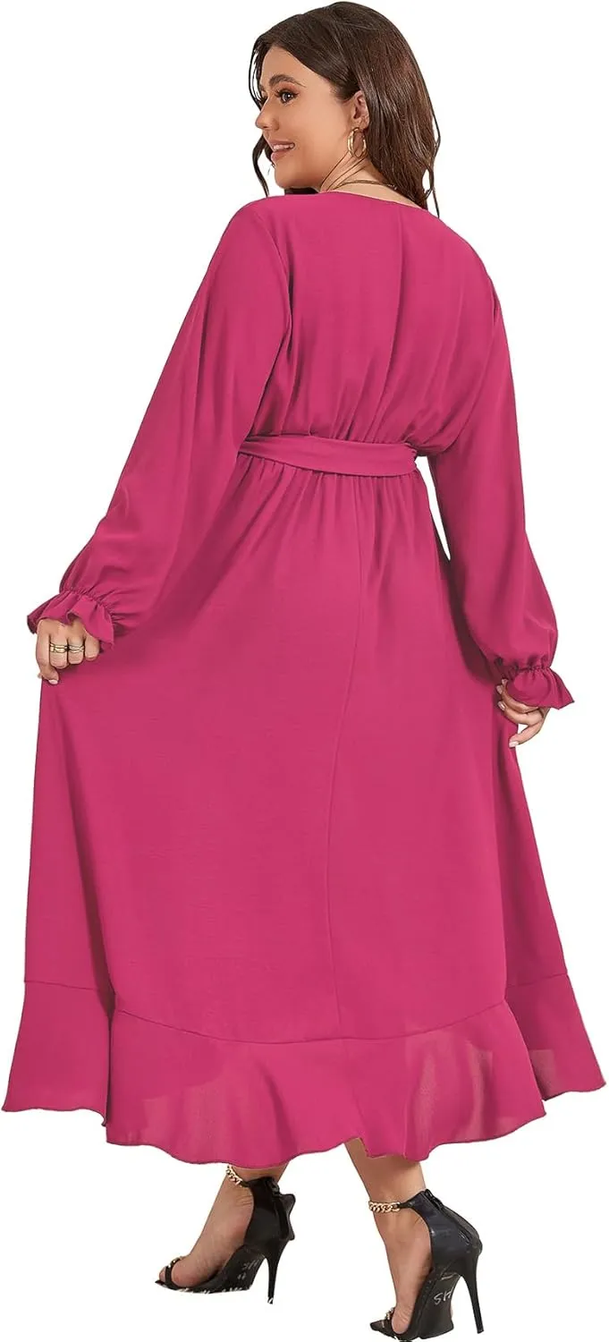 SCOMCHIC Women Plus Size Wedding Guest Maxi Dress Long Sleeve Faux Wrap V Neck High Low Ruffle Cocktail Dress with Belt