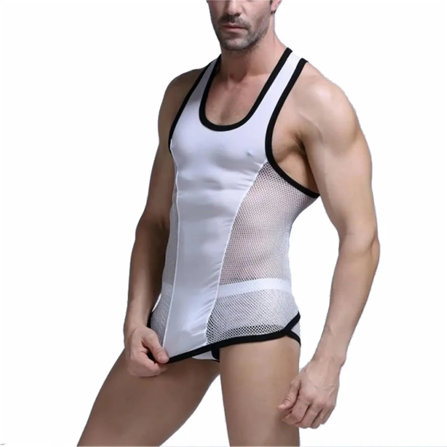 Sexy Mens Undershirts See Through Tank Tops Fitness Sleeveless Mesh Shirts Vests Boxer Shorts Underwear Or Men Clothes Set