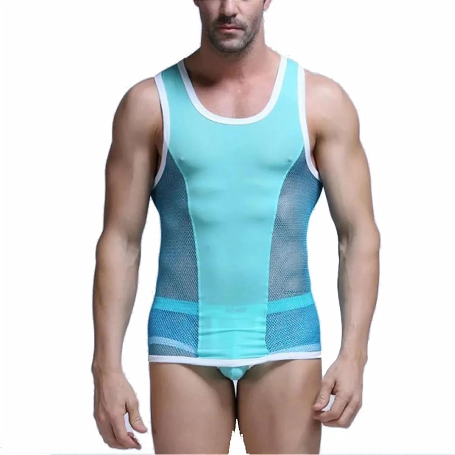 Sexy Mens Undershirts See Through Tank Tops Fitness Sleeveless Mesh Shirts Vests Boxer Shorts Underwear Or Men Clothes Set