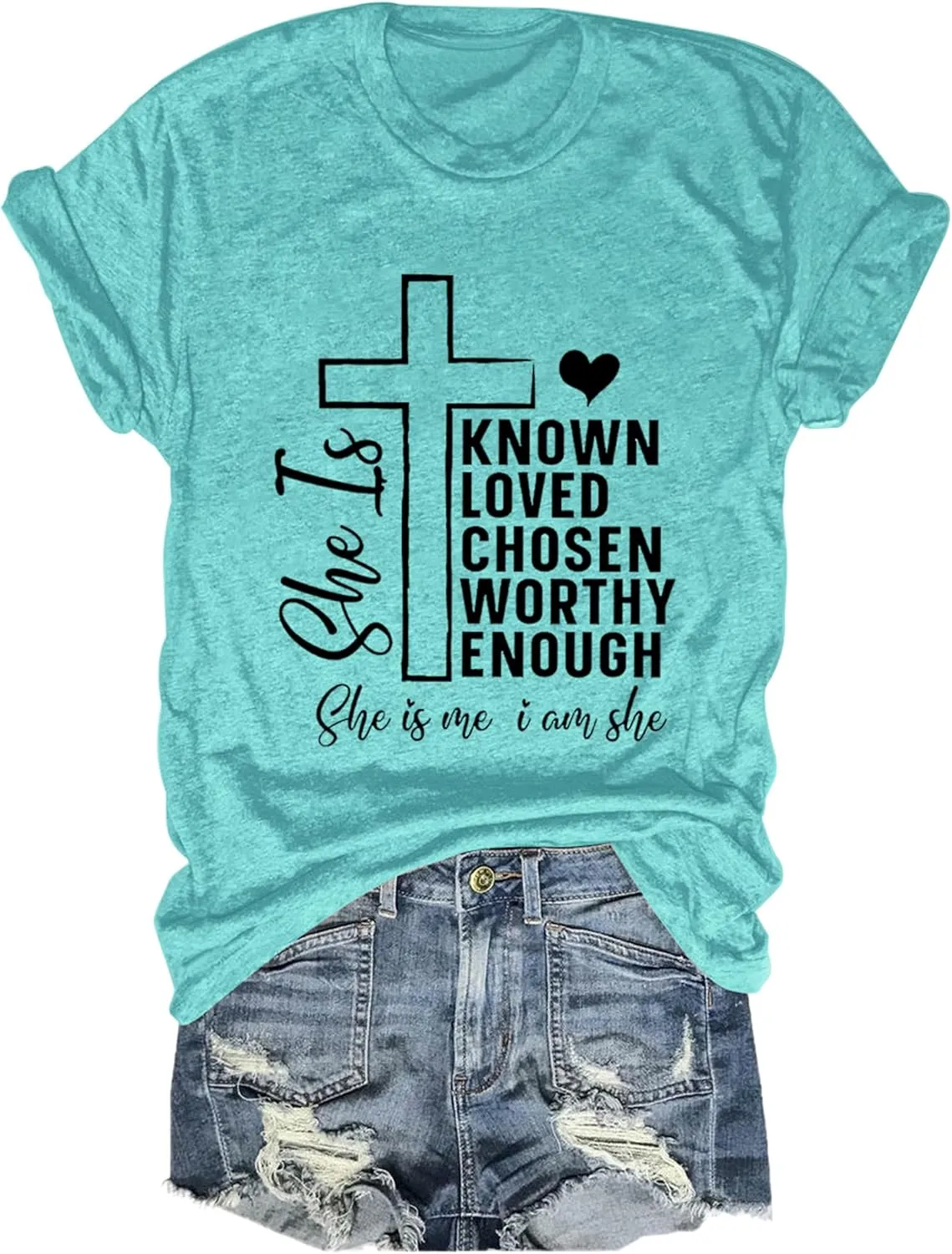 She is Me I Am She Shirts for Women Christian T-Shirt Crew Neck Cross Graphic Tees Short Sleeve Summer Tops