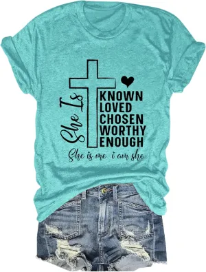 She is Me I Am She Shirts for Women Christian T-Shirt Crew Neck Cross Graphic Tees Short Sleeve Summer Tops