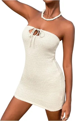 SHENHE Women's Strapless Tie Front Cut Out Backless Tube Dress Bodycon Mini Dress