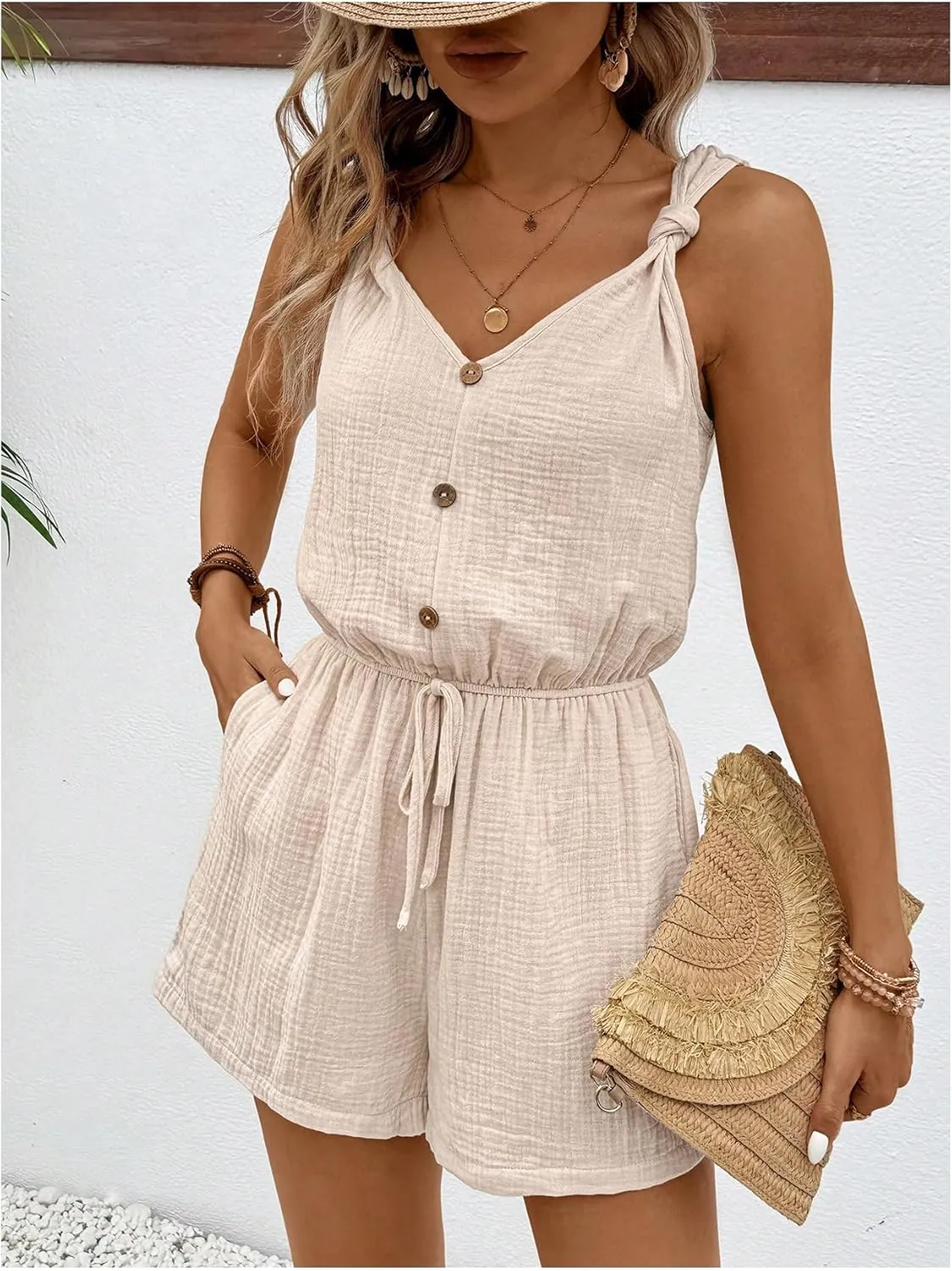 SHENHE Women's V Neck Sleeveless Elastic Tie Waist Knotted Button Romper Short Jumpsuit