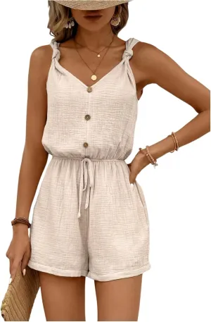 SHENHE Women's V Neck Sleeveless Elastic Tie Waist Knotted Button Romper Short Jumpsuit