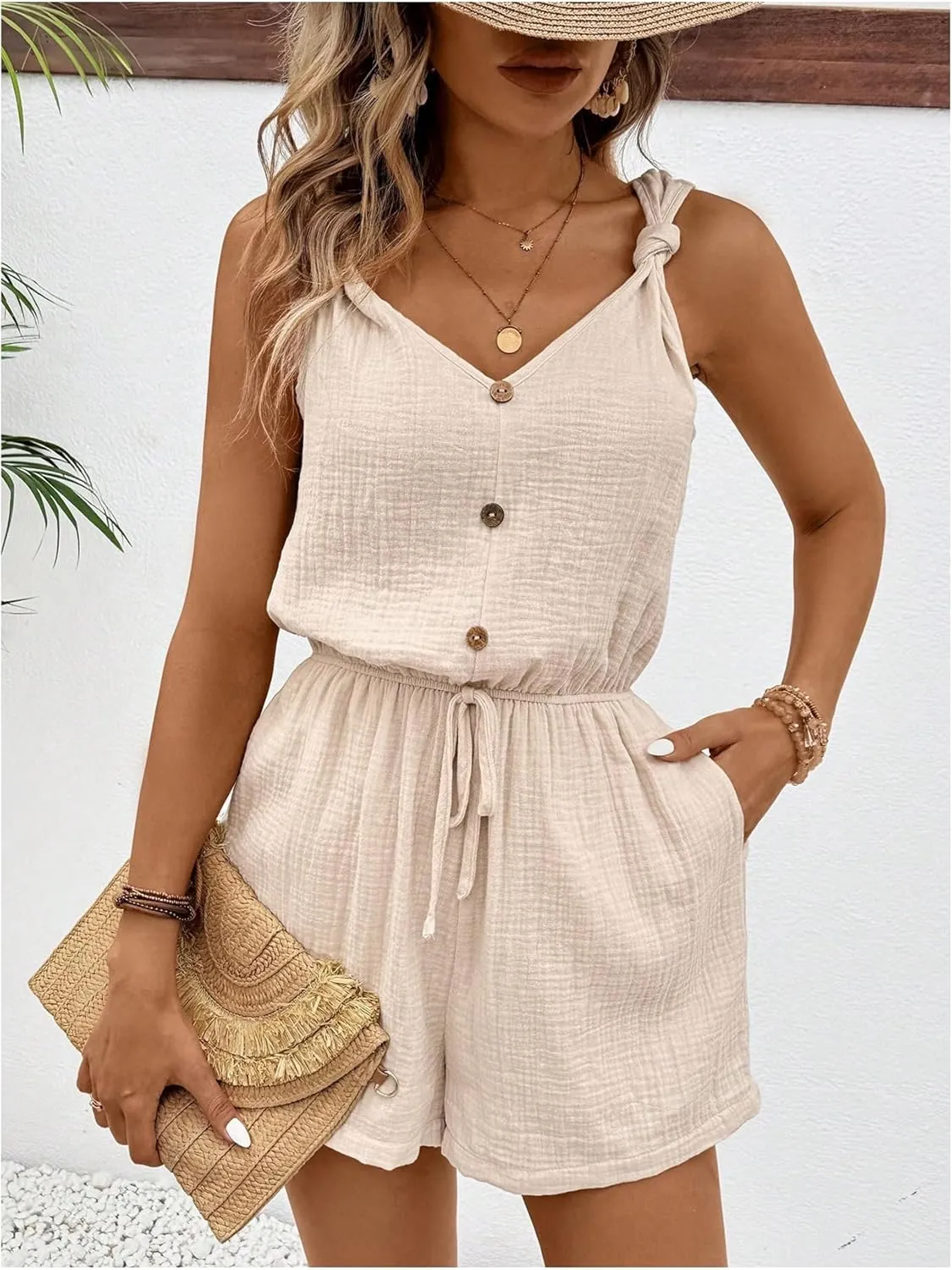 SHENHE Women's V Neck Sleeveless Elastic Tie Waist Knotted Button Romper Short Jumpsuit