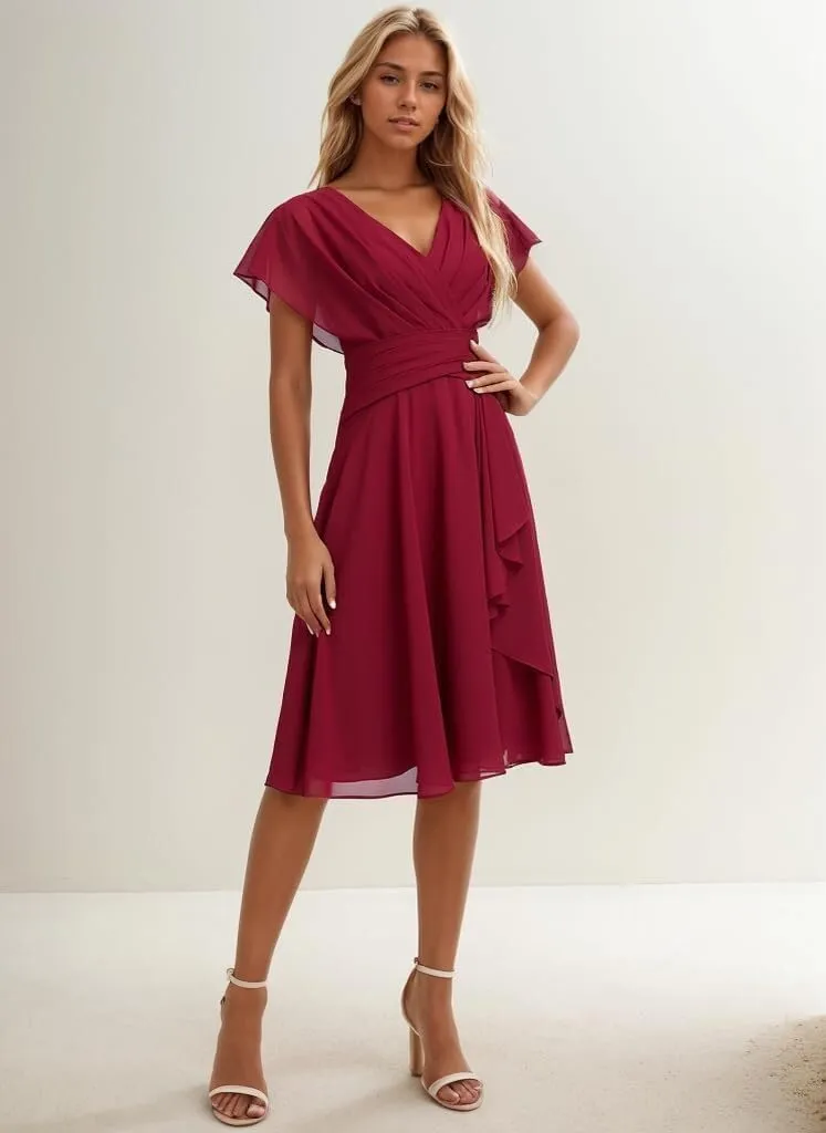 Short Bridesmaid Dresses for Women Ruffle Chiffon Formal Wedding Guest Dress with Sleeves V Neck Evening Gown MR91
