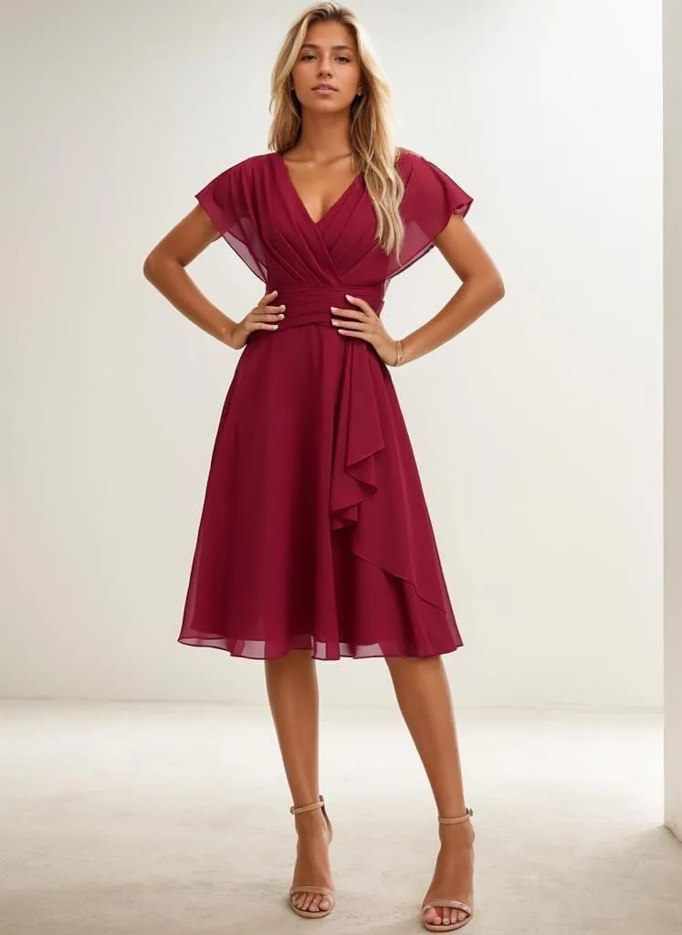 Short Bridesmaid Dresses for Women Ruffle Chiffon Formal Wedding Guest Dress with Sleeves V Neck Evening Gown MR91